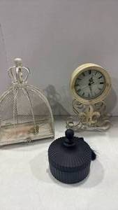 lot 1190 image: Metal decorative birdcage, clock, and black ribbed glass jar with lid