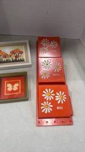 lot 1192 image: MCM plastic wall mail holder 17x5 and 2 framed wall decor