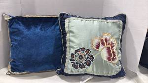 lot 1223 image: Embroidered Blue and Silver Floral Decorative Pillow