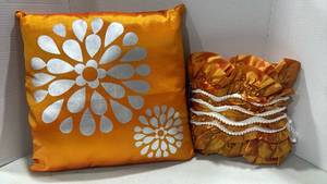 lot 1227 image: Orange Satin Decorative Pillow with Silver Floral Design