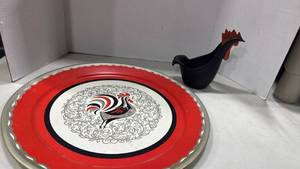 lot 1238 image: Mid-Century Rooster Metal Serving Tray and iron rooster planter