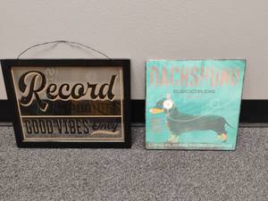 lot 1811 image: Wall Decor.  Metal Dogs Rock Sign and Glass Good Vibes Sign.  Largest 10 x 13