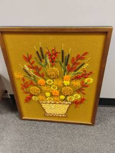 lot 1829 image: Wall Decor.  1970s Floral Crewel Wall Art.   26 x 21