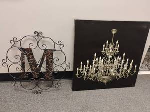 lot 1830 image: Wall Decor.  Picture of Chandelier on Canvas 24 x 24 and Metal Decor with Letter M 20 x 20