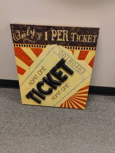 lot 1832 image: Wall Decor.  Wooden Resemblance of a Movie Theater Ticket.  24 x 20