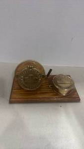 lot 2007 image: Vintage brass Neptune Trident clock and pen desk set, repurposed from a Hersey Manufacturing Co. water meter