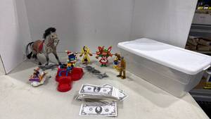 lot 2064 image: Sterilite container with Disney figurines, play money and more