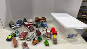 lot 2065 image: Sterilite container with vintage toy cars