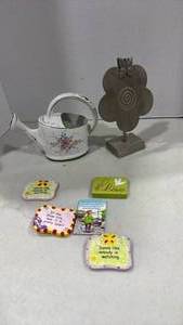 lot 2073 image: Hand-painted ceramic watering can made in Portugal, magnets and photo holder