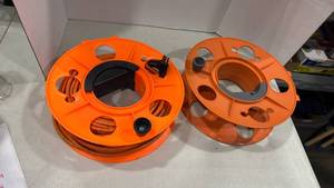 lot 2074 image: 2 Orange Heavy Duty Extension Cord Reel one with cord and one empty