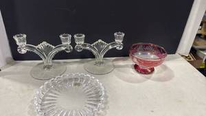 lot 2087 image: Mikasa Crystal dish,  Tiffin-Franciscan Cherokee Rose Etched Double Light Candleholders and ruby to clear footed dish