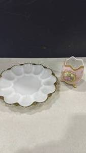 lot 2088 image: Lefton egg vase and milk glass deviled egg plate