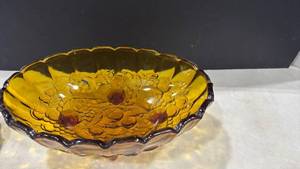lot 2096 image: Indiana Glass Co. Harvest Grape amber carnival glass footed oval fruit bowl 4.5x12x9