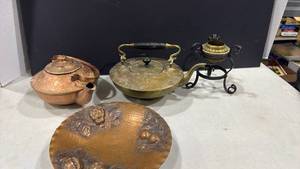 lot 2101 image: Hammered Copper and Brass Tea Kettles and more