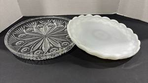 lot 2110 image: Irena 24% Lead Crystal Vintage Cut Glass Serving Platter, Cake Platter 11.5 and Vtg Anchor Hocking white milk glass serving plate with a scalloped edge and Colonial Diamond pattern. Small chip on milk glass as pictured