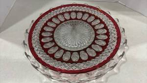 lot 2111 image: Rare 1979 Signed 13 inch Cranberry Vintage Thumb Print Plate and 14 inch Vtg Fostoria American Cake Plate