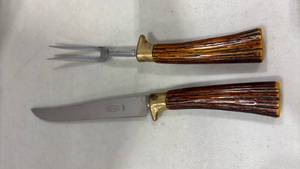 lot 2113 image: Vintage Sheffield England 2-Piece Grilling Set with Faux Antler Handles