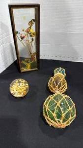 lot 2215 image: Pressed flowers with butterfly in shadow box, paperweight and hanging ball decor