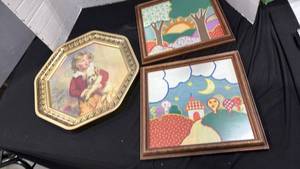 lot 2238 image: Framed art and framed tin art 12x12