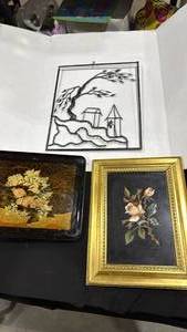 lot 2239 image: Metal art 16x13, framed painted tile and serving tray