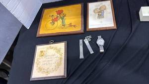 lot 2241 image: Mido watch, watch band, pin and wall art largest 9x11