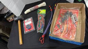 lot 2266 image: Mallet, screwdrivers, Craftsman replacement spool, stretch cords and sash cord