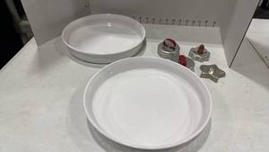 lot 2293 image: Corning Ware round pans and aluminum cookie cutters