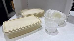lot 2297 image: Vintage Tupperware mini Jell-ette dishes and 2 Rubbermaid containers