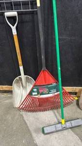lot 2411 image: Yard Tool Bundle - Ace Leaf Rake, Push Broom, and Snow Shovel