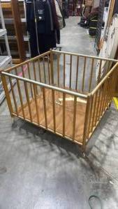 lot 2414 image: Vintage Wood Playpen . Has some damage as seen in pictures