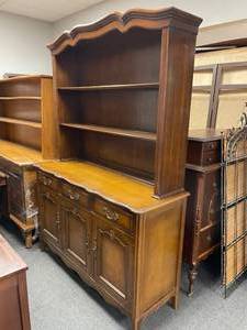 lot 3002 image: United Furniture Workers of America buffet35 x 54 x 19 inwith hutch top42 x 50 x 11 in(top of buffet has scratches)