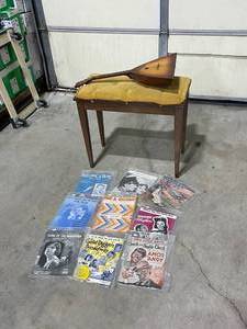 lot 3010 image: Solid wood piano stool with Balalaika instrument and sheet music