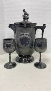 lot 5000 image: Antique etched Reed & Barton silverplated water pitcher with matching goblets