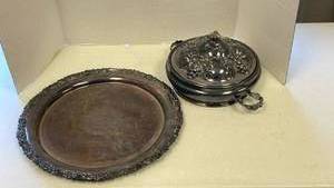 lot 5007 image: Gotham silver plate platter with Homan covered dish