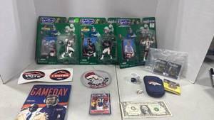 lot 6098 image: Denver Broncos 1998 starting lineup, figurines and cards, signed dollar bill, and other memorabilia
