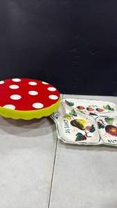 lot 6132 image: Hand-painted Ceramic Cheese Plate Set and mushroom cake platechip dip dish