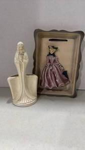 lot 1240 image: Florence Ceramics 3D wall plaque featuring a Victorian lady figurine and ceramic Virgin Mary planter