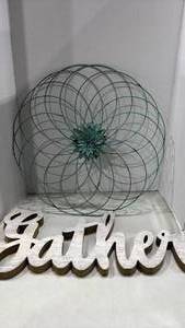 lot 1289 image: Decorative Wall Art Set - Teal Wire Sphere with Gather Sign