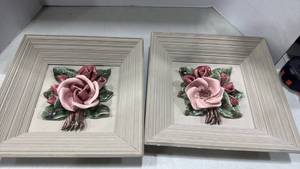 lot 1290 image: set of two Capodimonte-style 3D porcelain floral wall art plaques in gray frames 12x12