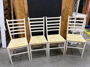 lot 2419 image: Traditional Wooden Ladder Back Chairs Qty 4. Need to be tightened up on the legs.