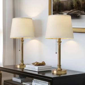 lot 3124 image: Oneach 19.5�� Warm Gold Table Lamps Set of 2, Pull Chain Switch Bedside Table Lamps, Modern Nightstand Lamp with Linen Shade, Small Desk Lamp for Living Room, Bedroom, Home Office, Nursery