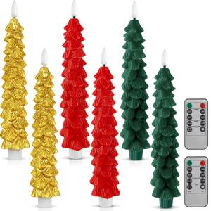 lot 3134 image: Funtery 6 Pcs LED Christmas Tree Flameless Taper Candles Real Wax Battery Operated Candlestick Lights with 3D Flame and Remote Timer Window Fireplace(Red Green Gold,Christmas Tree)