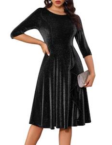 lot 4064 image: BeryLove Glitter Dress for Women Sequin Formal Party Dress 34 Sleeve Fancy Cocktail Sparkly Midi Prom Dresses 0027 Black S