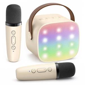 lot 4082 image: YLL Mini Karaoke Machine with 2 Wireless Microphones for Kids Adults, Portable Bluetooth Speaker Gift for Girls Toys 4, 5, 6, 7, 8, 10, 12 Years Old Teens Birthday(Beige)