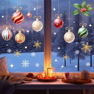 lot 4091 image: Winter Snows Window Decal Cling Hanging Xmas Balls Holly Window Stickers Red Green White Gold Christmas Decorative Glass Decals for Home Office Shop Holiday Decor Supplies