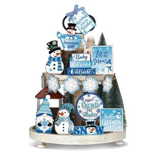 lot 4492 image: Ziliny 19 Pcs Winter Christmas Tiered Tray Decorations Set Snowman Snowflake Tiered Decor Winter Wooden Signs Farmhouse Table Centerpiece with Rope Holders for Xmas Party Favor Supplies