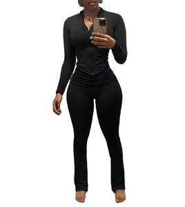 lot 4499 image: Nimsruc Two Piece Outfits For Women Workout Set Long Sleeve Tracksuit Zip Up Sweatsuits Bodcyon Matching Sweat Pants Sets Black L