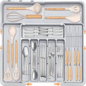 lot 5721 image: Silverware Drawer Organizer for Kitchen, Adjustable Utensil Drawer Organizer with 2 Knife Block, BPA Free Flatware and Cutlery Holder, Expandable Plastic Storage for Spoons Forks Knives(Grey)