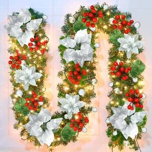 lot 5723 image: Pre-lit Artificial Christmas Garland, Green Rattan with Silver Flower Decorations and Battery Operated LED Lights for Home Stairs Fireplace Front Porch Door Display Indoor Outdoor Christmas Decor -9FT