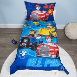 lot 5734 image: Paw Patrol Calling All Pups 4 Piece Toddler Bedding Set �� Includes Comforter, Sheet Set �� Fitted  Top Sheet  Reversible Pillowcase for Boys Bed, Blue